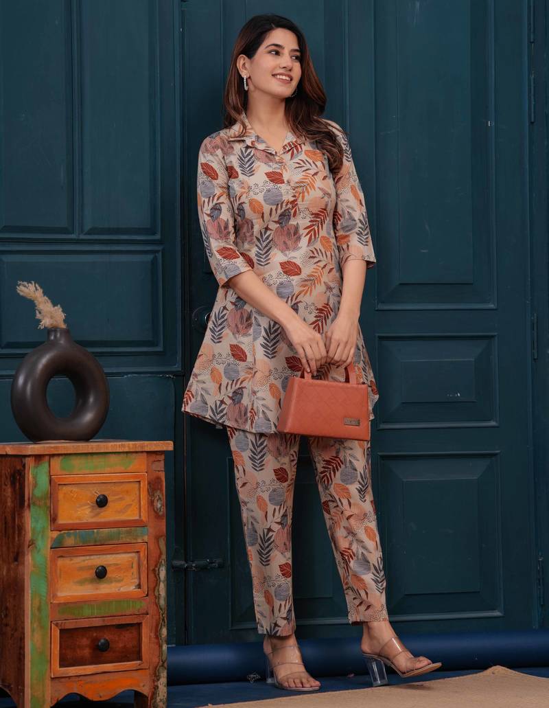 Beige printed co-ord set for women
