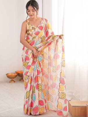 Cream floral mirror work pure chiffon ikat saree 1