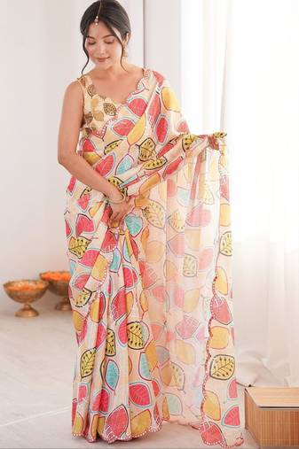Cream floral mirror work pure chiffon ikat saree