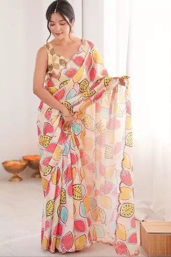 Cream floral mirror work pure chiffon ikat saree