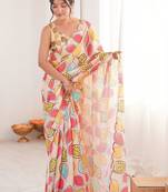 Cream floral mirror work pure chiffon ikat saree