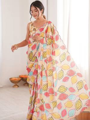 Cream floral mirror work pure chiffon ikat saree 2