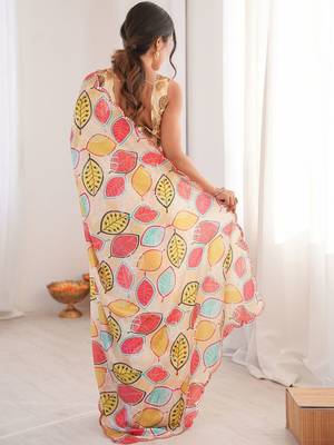 Cream floral mirror work pure chiffon ikat saree 3