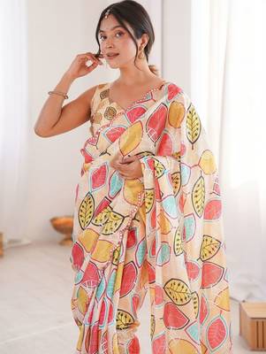 Cream floral mirror work pure chiffon ikat saree 4