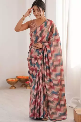 Multicolor sequinned pure chiffon ikat saree