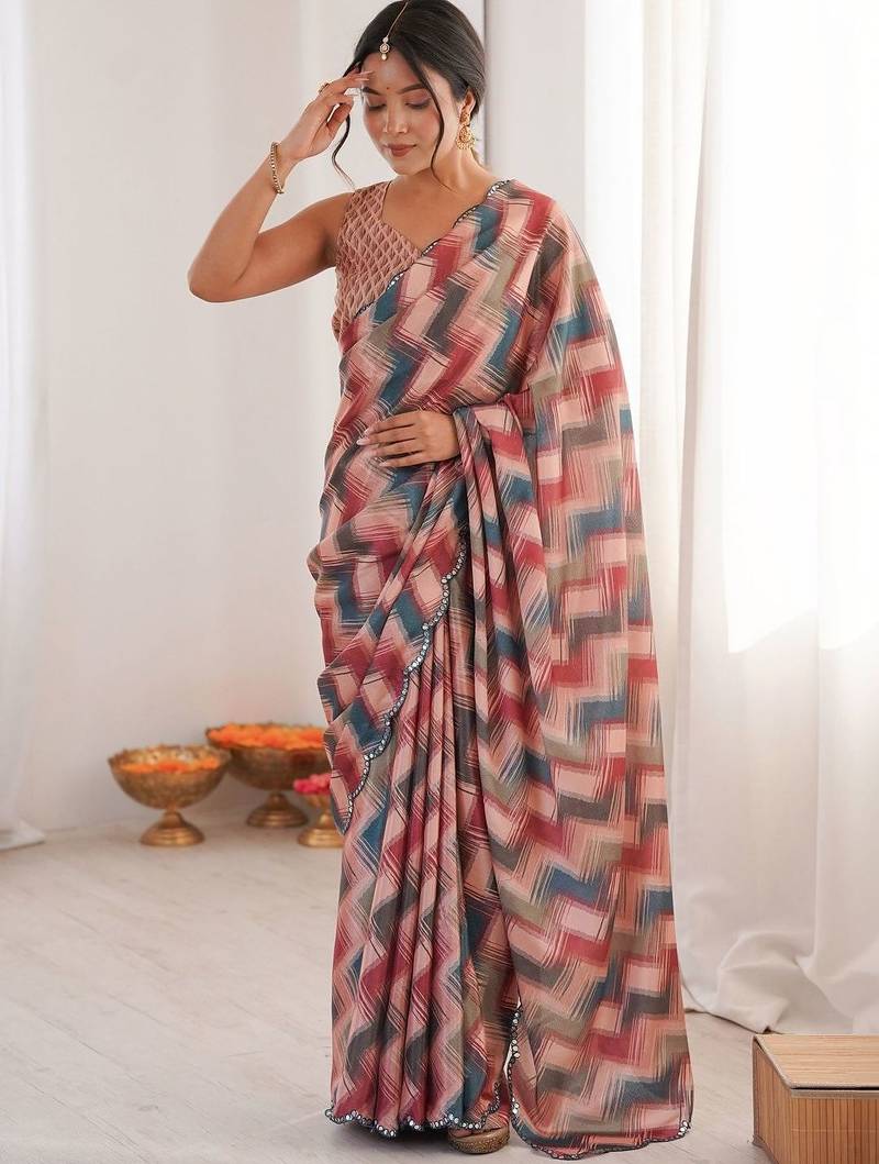 Multicolor sequinned pure chiffon ikat saree