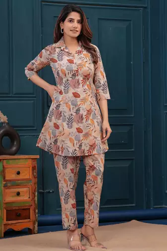 Beige printed co-ord set for women