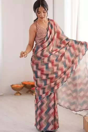 Multicolor sequinned pure chiffon ikat saree