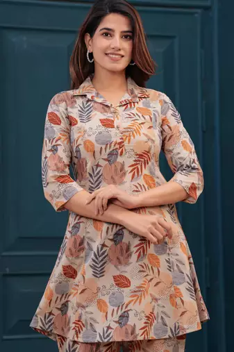 Beige printed co-ord set for women