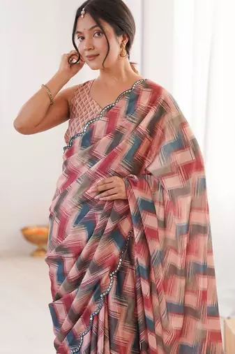 Multicolor sequinned pure chiffon ikat saree