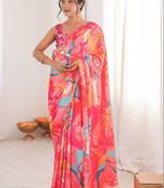 Pink floral mirror work pure chiffon ikat saree