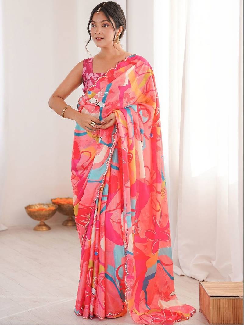 Pink floral mirror work pure chiffon ikat saree