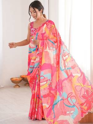 Pink floral mirror work pure chiffon ikat saree 2