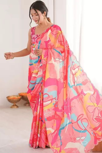 Pink floral mirror work pure chiffon ikat saree