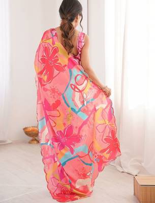 Pink floral mirror work pure chiffon ikat saree 3