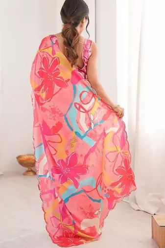 Pink floral mirror work pure chiffon ikat saree