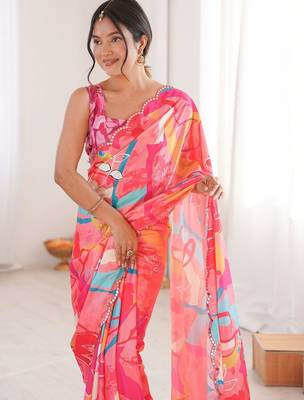 Pink floral mirror work pure chiffon ikat saree 4