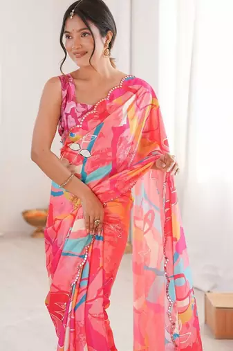 Pink floral mirror work pure chiffon ikat saree