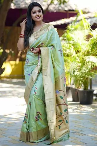 Sea green floral woven design zari paithani saree