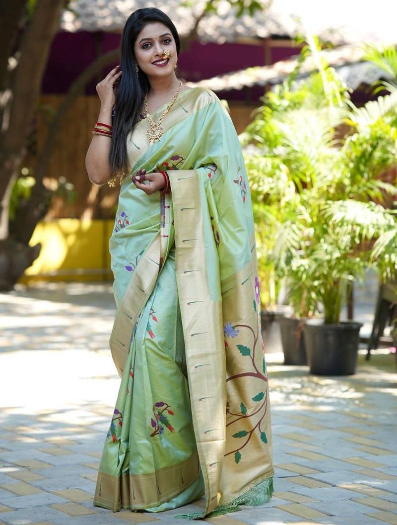 Sea green floral woven design zari paithani saree