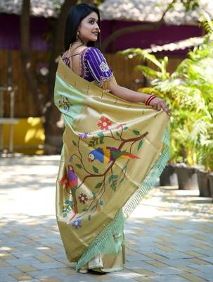 Sea green floral woven design zari paithani saree 3