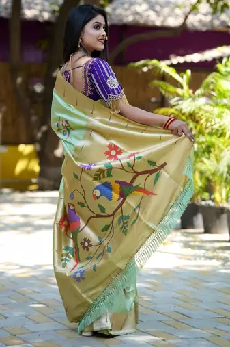 Sea green floral woven design zari paithani saree