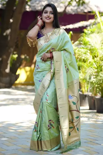 Sea green floral woven design zari paithani saree
