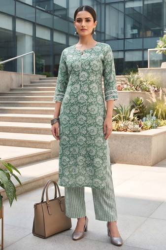 Green printed straight co-ords set for women