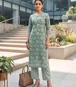 Green printed straight co-ords set for women