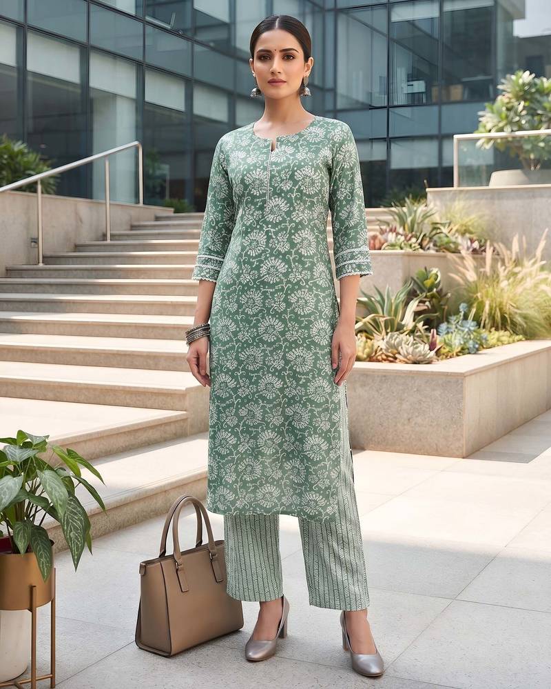 Green printed straight co-ords set for women