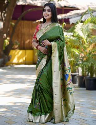 Green woven design zari paithani saree 2