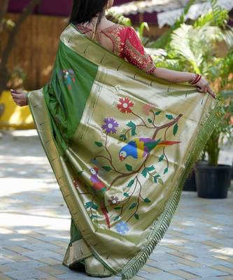 Green woven design zari paithani saree 3