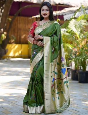 Green woven design zari paithani saree 4
