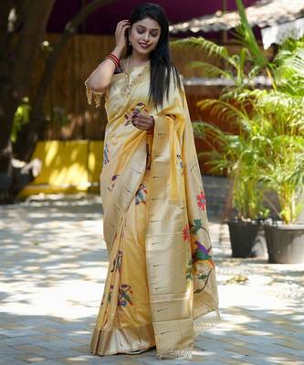 Cream woven design zari paithani saree 1