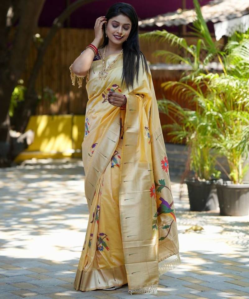 Cream woven design zari paithani saree