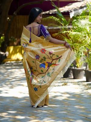 Cream woven design zari paithani saree 3