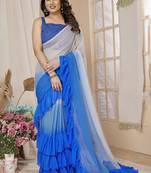 Blue ombre ruffles saree with blouse piece