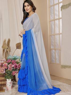 Blue ombre ruffles saree with blouse piece 2