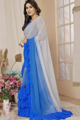 Blue ombre ruffles saree with blouse piece