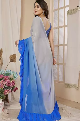 Blue ombre ruffles saree with blouse piece