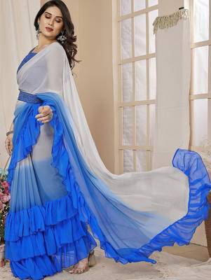 Blue ombre ruffles saree with blouse piece 4