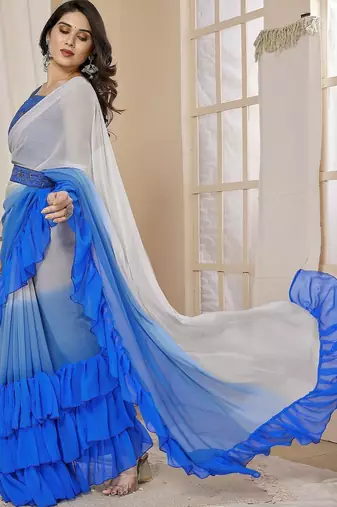 Blue ombre ruffles saree with blouse piece
