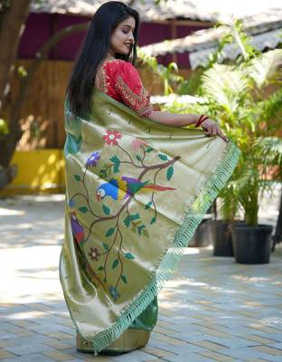 Green woven design zari paithani saree 3