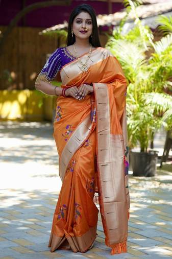 Orange woven design zari paithani saree