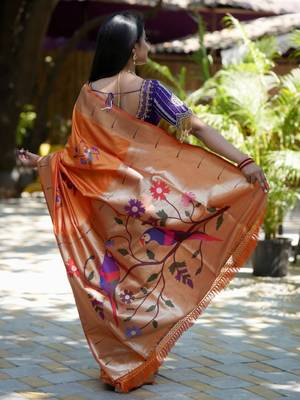 Orange woven design zari paithani saree 3