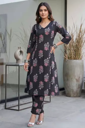 Black printed rayon co-ord set for women