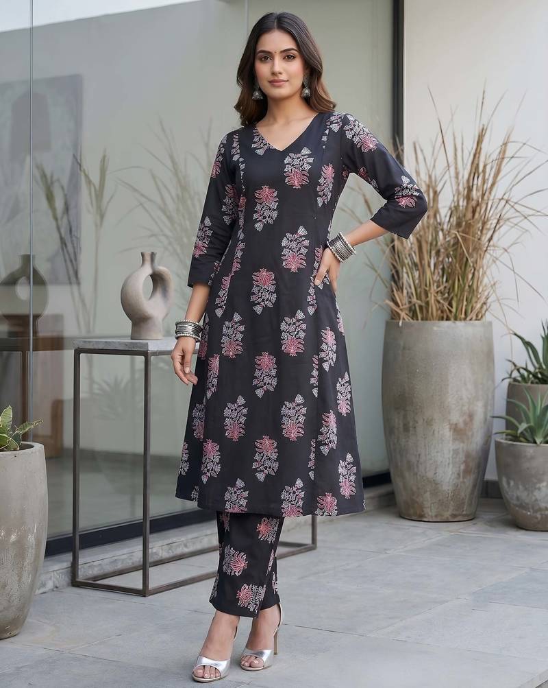 Black printed rayon co-ord set for women