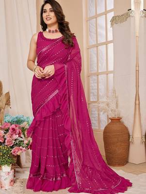 Pink embroidered mirror work ruffles saree with unstitched blouse piece 1