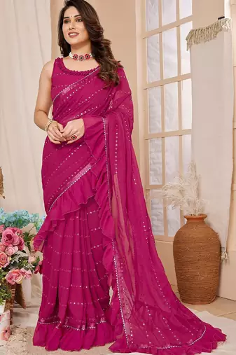Pink embroidered mirror work ruffles saree with unstitched blouse piece