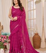 Pink embroidered mirror work ruffles saree with unstitched blouse piece